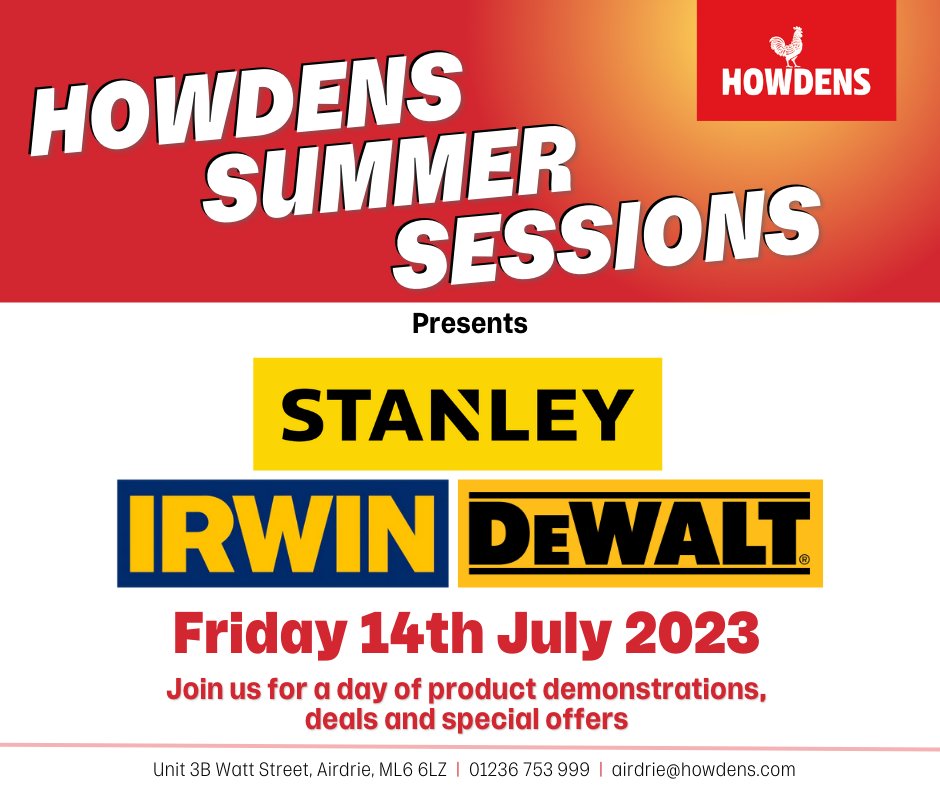 RoosterPromos's tweet photo. Howdens are welcoming @ukstanleytools , @IRWINtools  Tools and @DEWALT_UK  for a day of product demonstrations, deals and special offers.  Join us at Watt Street in Airdrie (next to screwfix) on Friday 14th July to see what all the fuss is about.  Trade and Public are welcome! https://t.co/UhkYLaWuRE