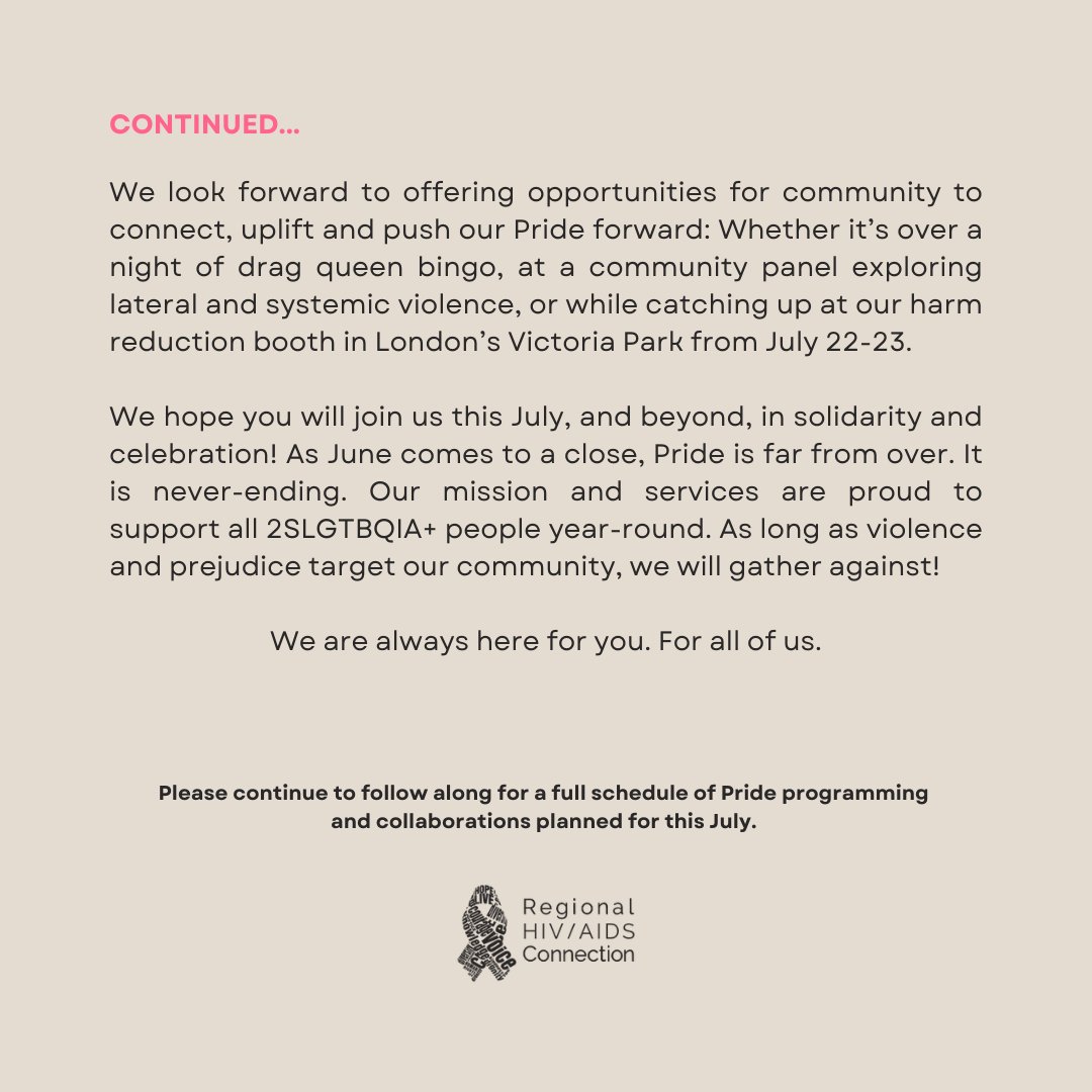 Pride is far from over! Read our full statement and plans for #Pride this July at: hivaidsconnection.ca/pride