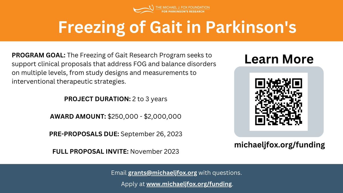 Alfonso Fasano (@dralfonsofasano) on Twitter photo FREEZING OF GAIT
Apply for new #Parkinson research funding from <a href="/MichaelJFoxOrg/">michaeljfox.org</a>.
Looking for proposals that advance the knowledge of FOG and balance disorders to support therapeutic treatments.
Pre-proposals due September 26. bit.ly/44foAkV FREEZING OF GAIT
Apply for new #Parkinson research funding from <a href="/MichaelJFoxOrg/">michaeljfox.org</a>.
Looking for proposals that advance the knowledge of FOG and balance disorders to support therapeutic treatments.
Pre-proposals due September 26. bit.ly/44foAkV
