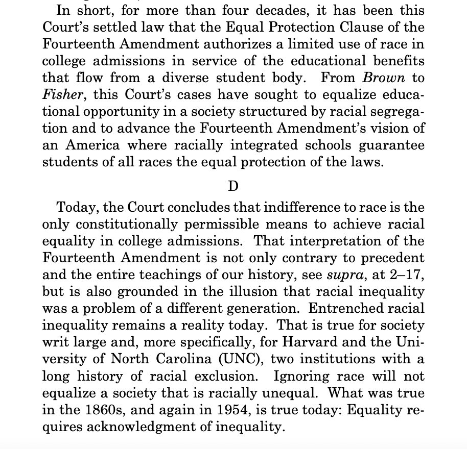 Sotomayor: The Supreme Court's affirmative action decision is "grounded in the illusion that racial inequality was a problem of a different generation...Ignoring race will not equalize a society that is racially unequal."

supremecourt.gov/opinions/22pdf…