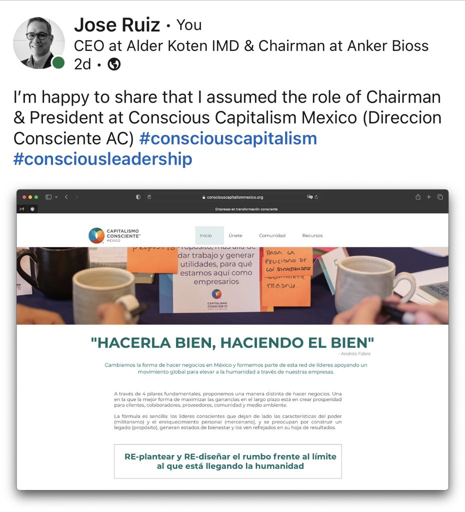 josejorgeruiz's tweet image. I’m happy to share that I assumed the role of Chairman &amp;amp; President at Conscious Capitalism Mexico (Direccion Consciente AC) #consciouscapitalism