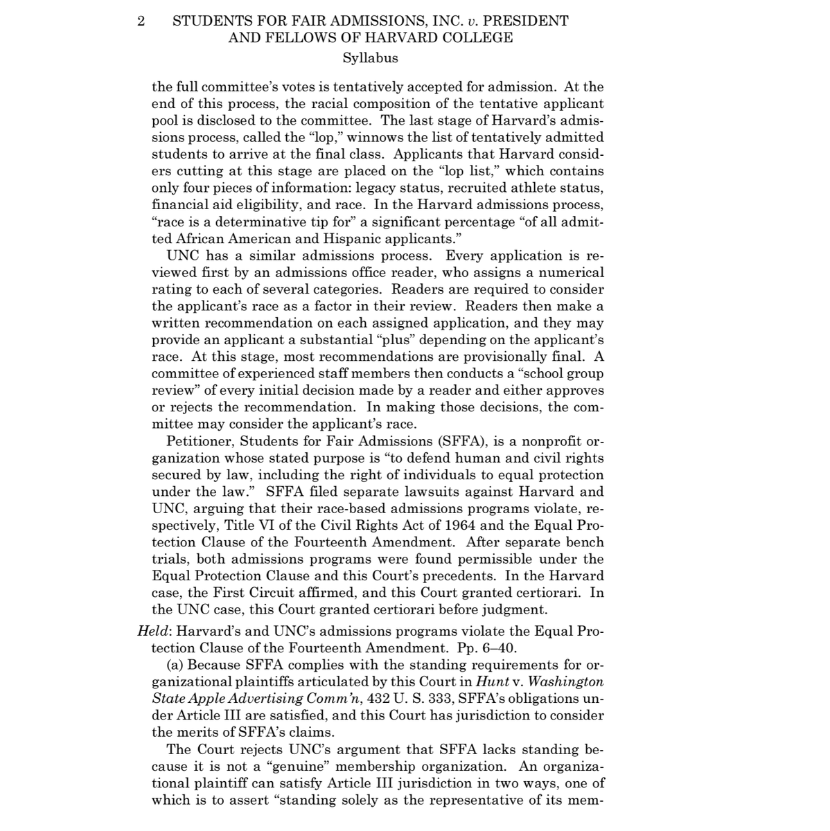 seanmdav's tweet photo. By a vote of 6-3, the Supreme Court just ruled that university admissions programs that use affirmative action and other race-based admissions criteria are unconstitutional and violate the 14th Amendment. Roberts wrote the opinion. https://t.co/k5ZBSlUh12 https://t.co/Yf5ReefNVY