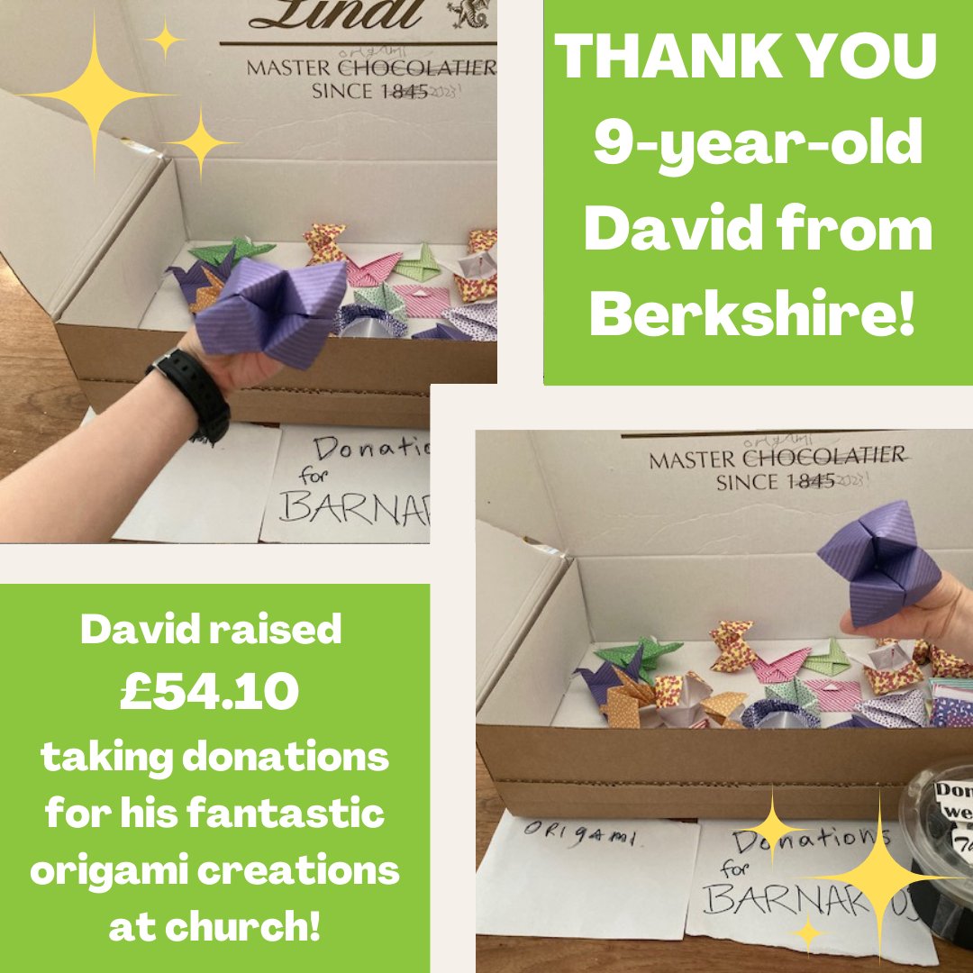We want to say a huge THANK YOU to 9-year-old David from Berkshire, who raised an incredible £54.10 for Barnardo's by taking donations for his origami creations at church! ⭐✨

We are so proud of David's generosity and determination to help other children. What a superstar! ⭐