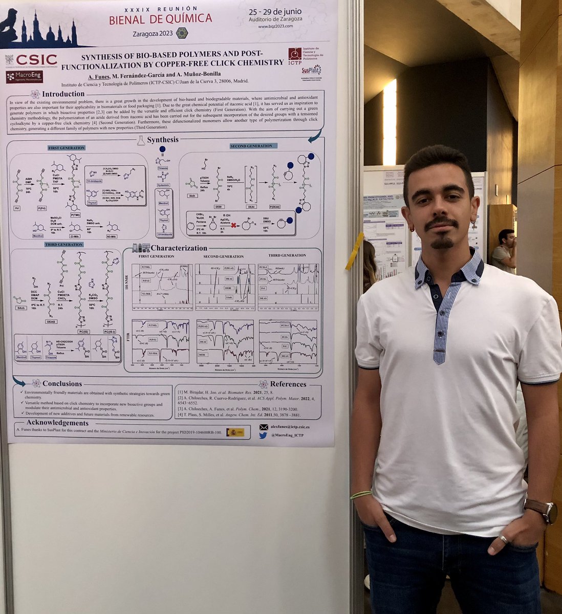 MacroEng_ICTP's tweet photo. Today, Alejandro Funes presents his nice poster: “Synthesis of bio-based polymers and postfunctionalization by copper-free click chemistry.” in @BQZ2023 

@susplast @ictp_promocion https://t.co/a9XoxWfd1k