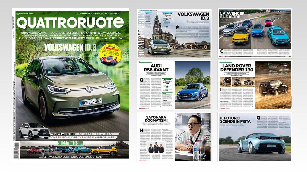 Scopri #4R di luglio con la prova della #Volkswagen #ID3, il confronto fra la #Jeep #Avenger e altre 5 B-#Suv, la #Lancia #PURA in pista a #Vairano, l'intervista ad Akio #Toyoda e l'anteprima della nuova #Dacia #Duster -> bit.ly/43k5Fot
