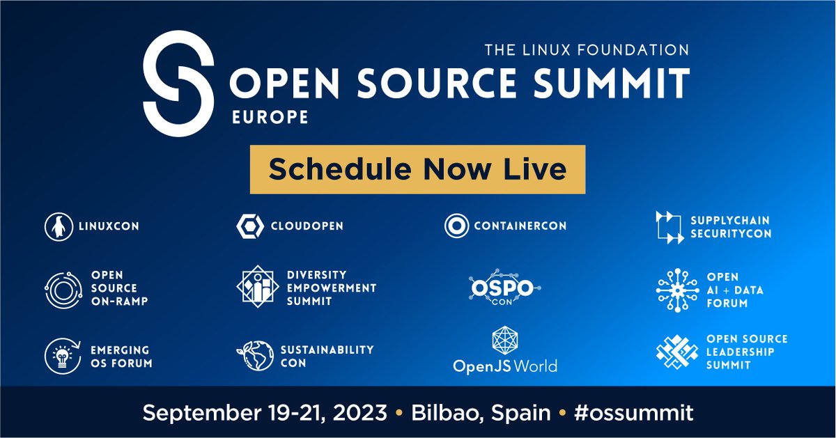 🎉 The schedule for Open Source Summit Europe is LIVE! Explore 175 conference sessions, tutorials, lightning talks & BoFs covering the latest #OpenSource trends & technologies: hubs.la/Q01Wfy460. Register by July 6 + SAVE US$450: hubs.la/Q01WfHS00 #OSSummit #Linux