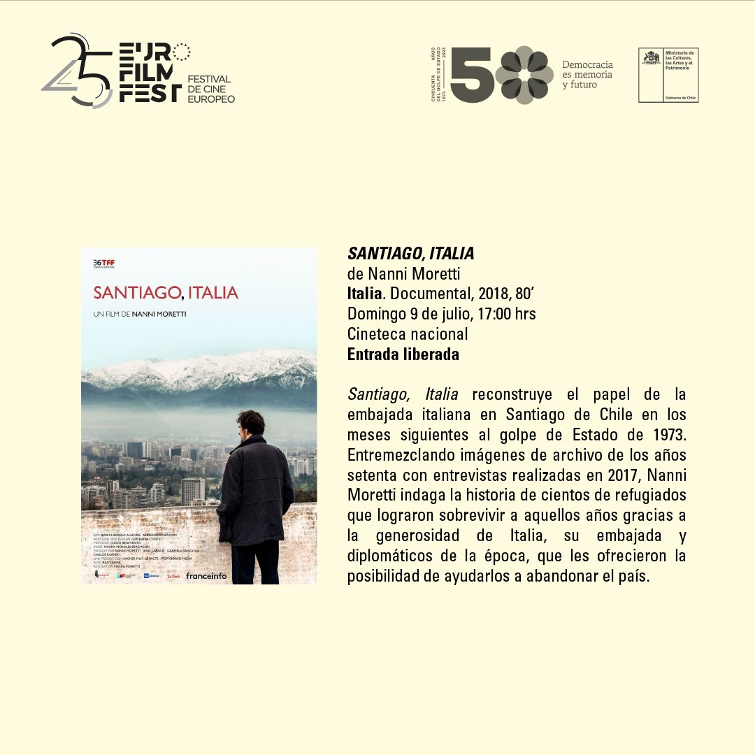 IICSantiagoCl's tweet photo. Países miembros de @UEenChile conmemoran los 50 años del Golpe de Estado con el ciclo de cine "Diplomacia y Solidaridad con Chile".
📌 Del miércoles 5 al domingo 9 de julio
🎬 Sala de microcine @CinetecaChile 
🗣️ Entrada liberada https://t.co/Z0MaRfn4f5