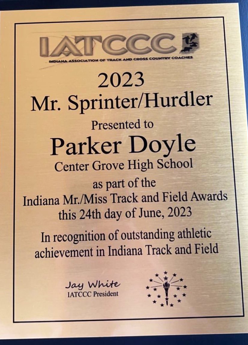 CGSportsNetwork's tweet photo. Congrats to CG’s Parker Doyle on being named '23 IN Mr. Sprinter/Hurdler. Parker was State Champ in the 300M hurdles &amp; a part of the 4 x 400 State Champion relay team. Parker concludes his HS athletic career with 3 football state titles &amp; 2 in track. Parker will run track at ISU. https://t.co/rISY5w31jh