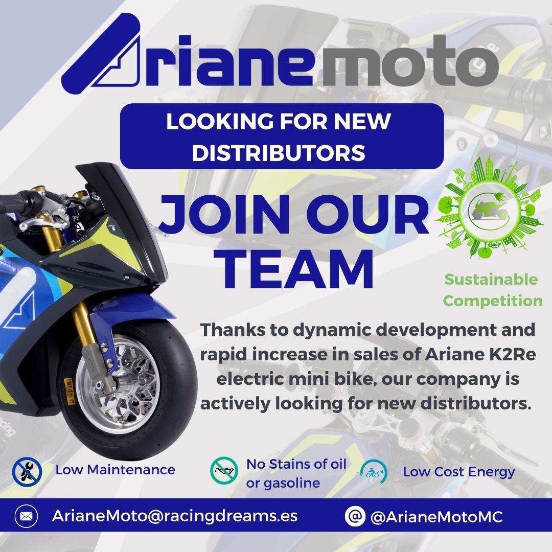 ArianeMoto is looking for new distributors. Join our team! 🤜🤛
Thanks to dynamic development and rapid increase 📈 in sales of the new Ariane K2Re electric mini bike, our company is actively looking for new distributors.
👉 arianemoto@racingdreams.es

#ArianeK2Re #ArianeMoto