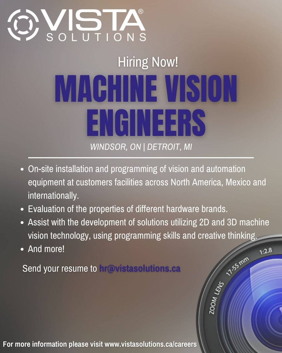 Vista Solutions Inc. (@vistatweets) on Twitter photo Our team of #Visioneers is growing!
📍 Positions available in Windsor, ON and Detroit, MI
💭 Interested in joining our awesome team? We'd love to hear from you!
📧 Send your resume to hr@vistasolutions.ca
💻 Visit lnkd.in/gwhXp9H for more information! Our team of #Visioneers is growing!
📍 Positions available in Windsor, ON and Detroit, MI
💭 Interested in joining our awesome team? We'd love to hear from you!
📧 Send your resume to hr@vistasolutions.ca
💻 Visit lnkd.in/gwhXp9H for more information!