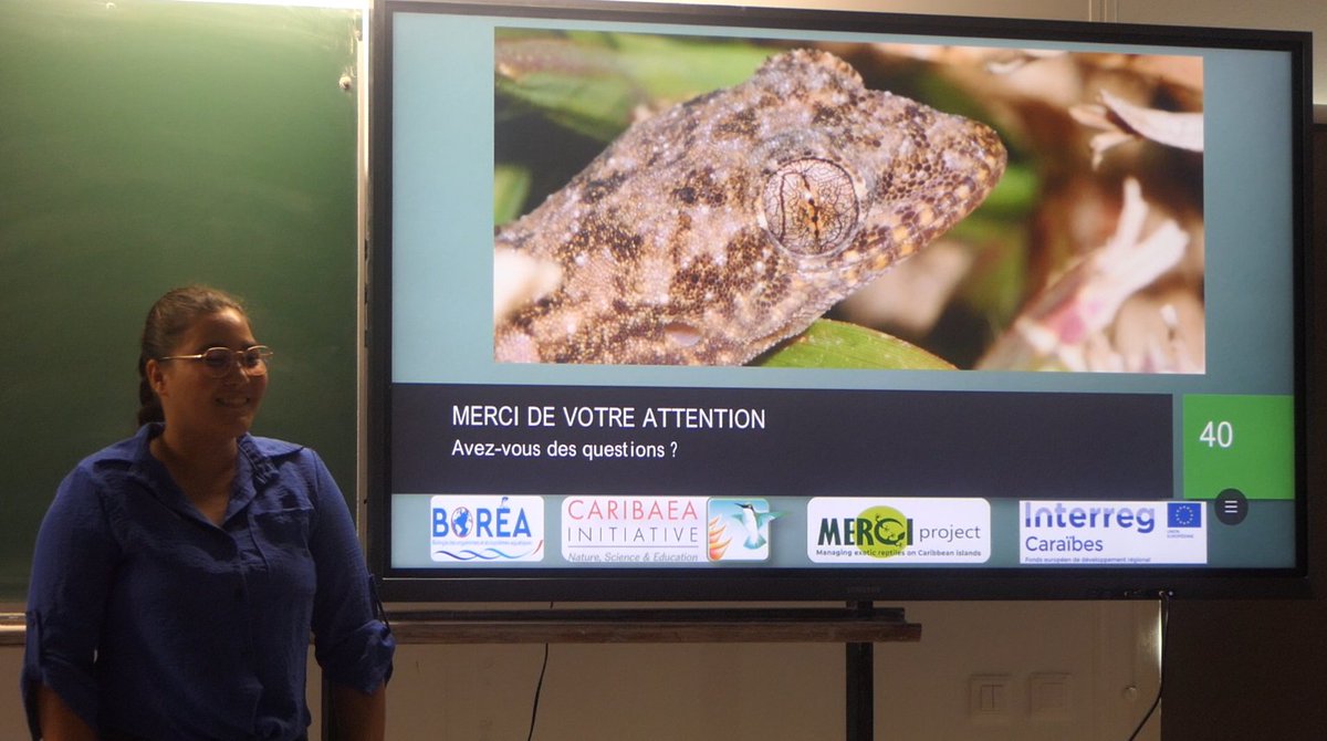 Yuna Mélane termine son stage de #master dédié à l’estimation du potentiel invasif de #reptiles dans la #Caraïbe. Elle a présenté ses résultats avec brio lors de sa soutenance ! 🦎

Le stage fait partie du projet MERCI (reptiles exotiques envahissants) financé par <a href="/InterregC/">INTERREG CARAIBES</a>