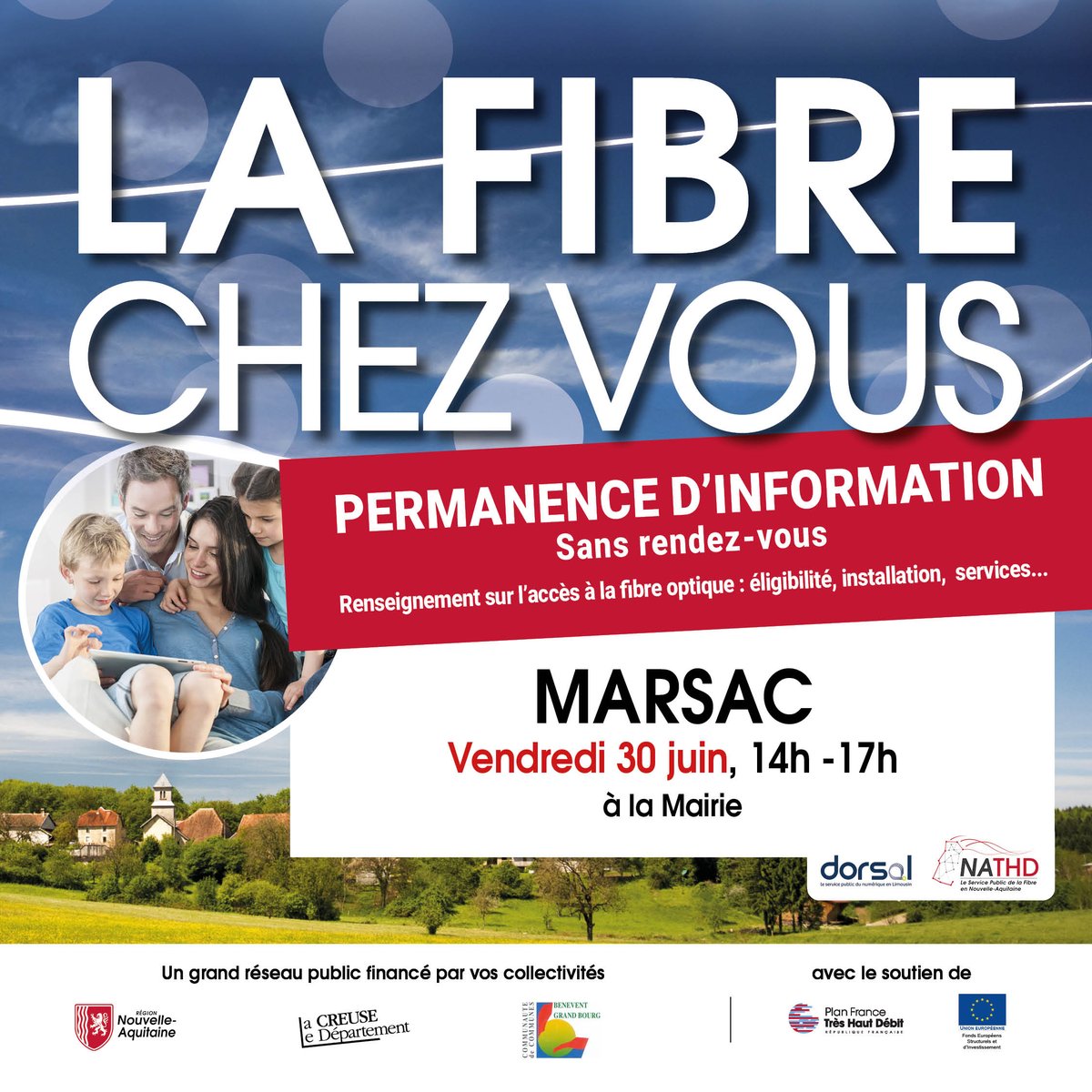 📢Le Service public de la Fibre présent en CREUSE <a href="/Departement_23/">Département Creuse</a> Communauté de communes #BénéventGrandBourg. Nos équipes viennent à votre rencontre et vous renseignent sur votre accès à la fibre optique.
Testez votre éligibilité : nathd.fr/eligibilite/
<a href="/DORSAL_Syndicat/">Syndicat mixte DORSAL</a>