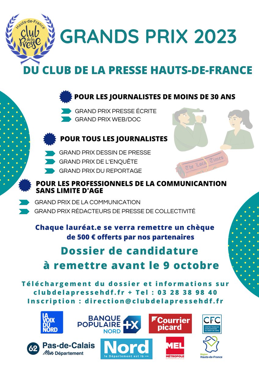 ClubPresseHDF's tweet photo. 🏆Grands Prix 2023 du @Clubpressehdf 🏅
Journalistes, communicants, rédacteurs de presse de collectivités, participez à la 22ᵉ édition des Grands prix du Club de la presse HDF !
Plus d'information sur le site Internet 👉 https://t.co/ZdmazVDwHa
#grandsprix #clubpressehdf https://t.co/fed2ZQxZrV