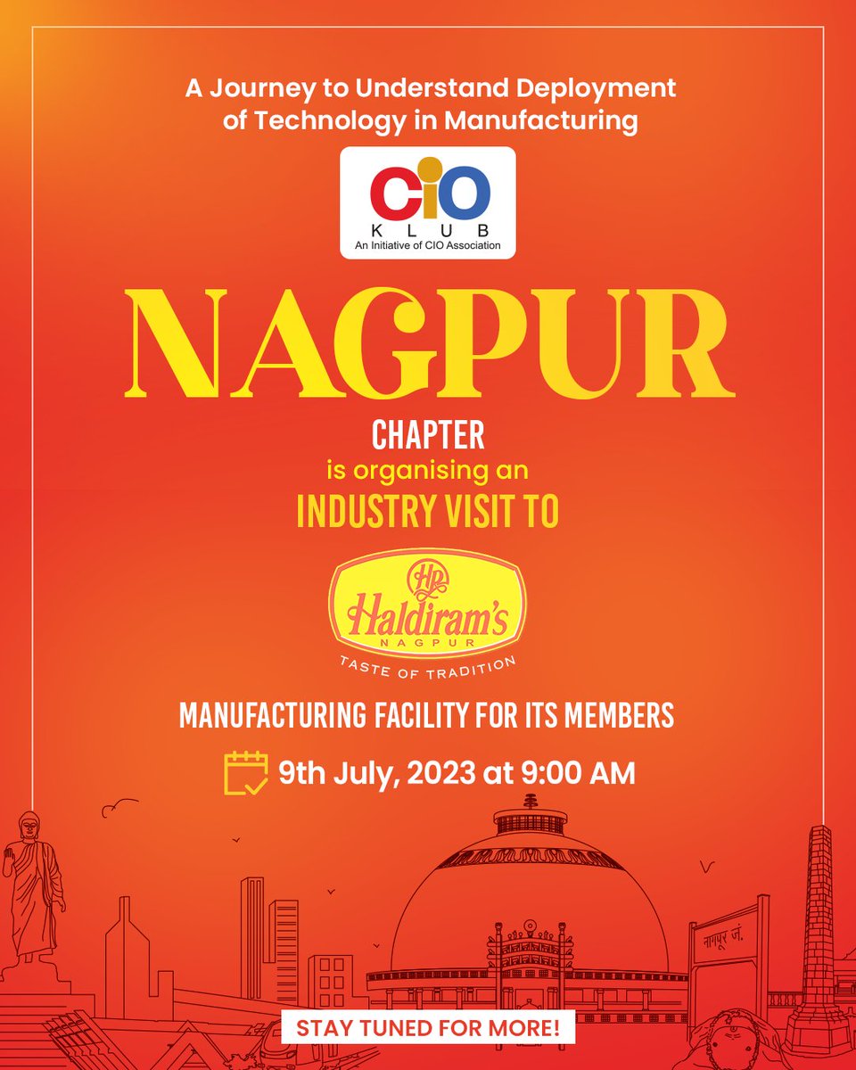 #CIOKlubNagpurChapter heads on an extraordinary industrial visit to Haldiram's manufacturing facility, on 9th July, 9 am onwards. Delve into the intersection of innovation &amp; manufacturing as we explore the revolutionary technology and processes that have made its an iconic brand.