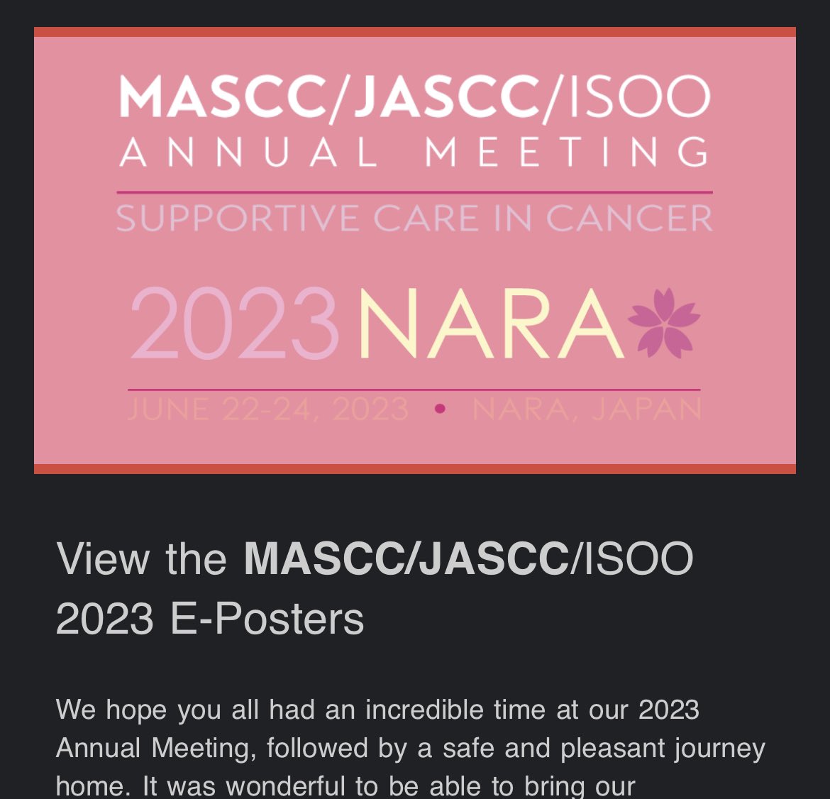 CancerCareJASCC's tweet photo. For #MASCC23 attendees
Check your E-mail box to view
the 2023 E-Posters via link
#MASCC23
#JASCC23 https://t.co/ZuaIUG1qgN