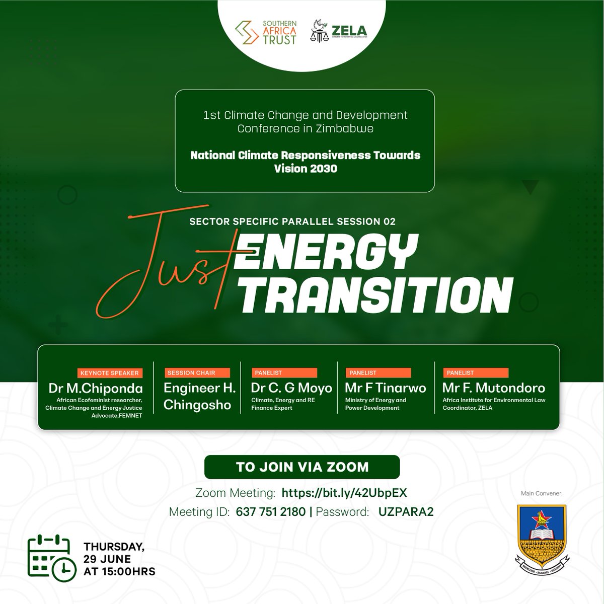ZELO_Infor's tweet photo. @METHI_Zimbabwe @UZimbabwe @PA_SAfrica @ReynaTrust What role should we play in facilitating a #JustEnergyTransition 

We are excited to be convening a session on #JustEnergyTransition at the inaugural Climate change &amp; Development Conference in Zimbabwe. 
 
Please set a reminder &amp; join us at 3pm CAT. 
@SthrnAfrcaTrust https://t.co/iLkp5jvWpA