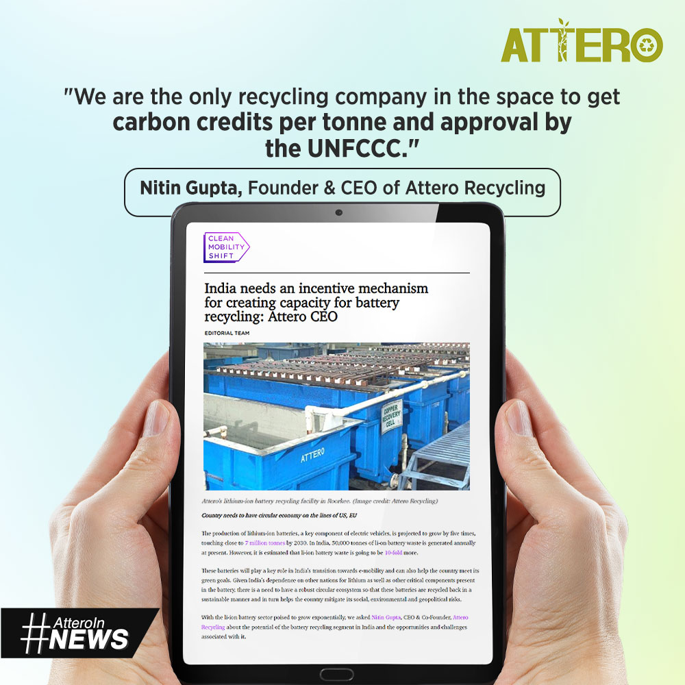 AtteroIndia's tweet photo. Nitin Gupta, CEO of #Attero, discusses with @MobilityShift how India needs an incentive mechanism for creating capacity for #battery recycling.
Read more: https://t.co/HHwfFhNw96
#AtteroInNews #BatteryRecycling #EPR #Ewaste #RecyclingSolution #SustainableFuture https://t.co/VS1tYkyjzh