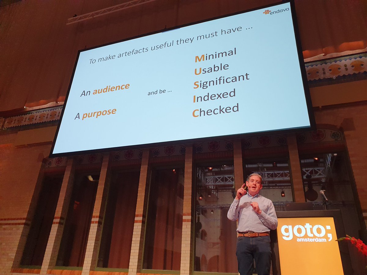Love this M.U.S.I.C. guide to making software architecture artefacts (documents) useful from <a href="/eoinwoodz/">Eoin Woods</a> at #GOTOams, with a h/t to <a href="/natpryce/">Nat Pryce</a>

- Minimal 🗜️
- Usable 👨‍🏫
- Significant 🤯
- Indexed 🔍
- Checked ✅