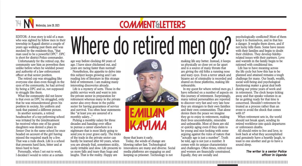 Thank you #EmillianKayima. You did this article justice.  My book will however split the atom. Did you know that one of the biggest drivers to the “disappearance” of these retired people is stigmatization? I refused to be a prisoner of bullies who attempt to push me into oblivion