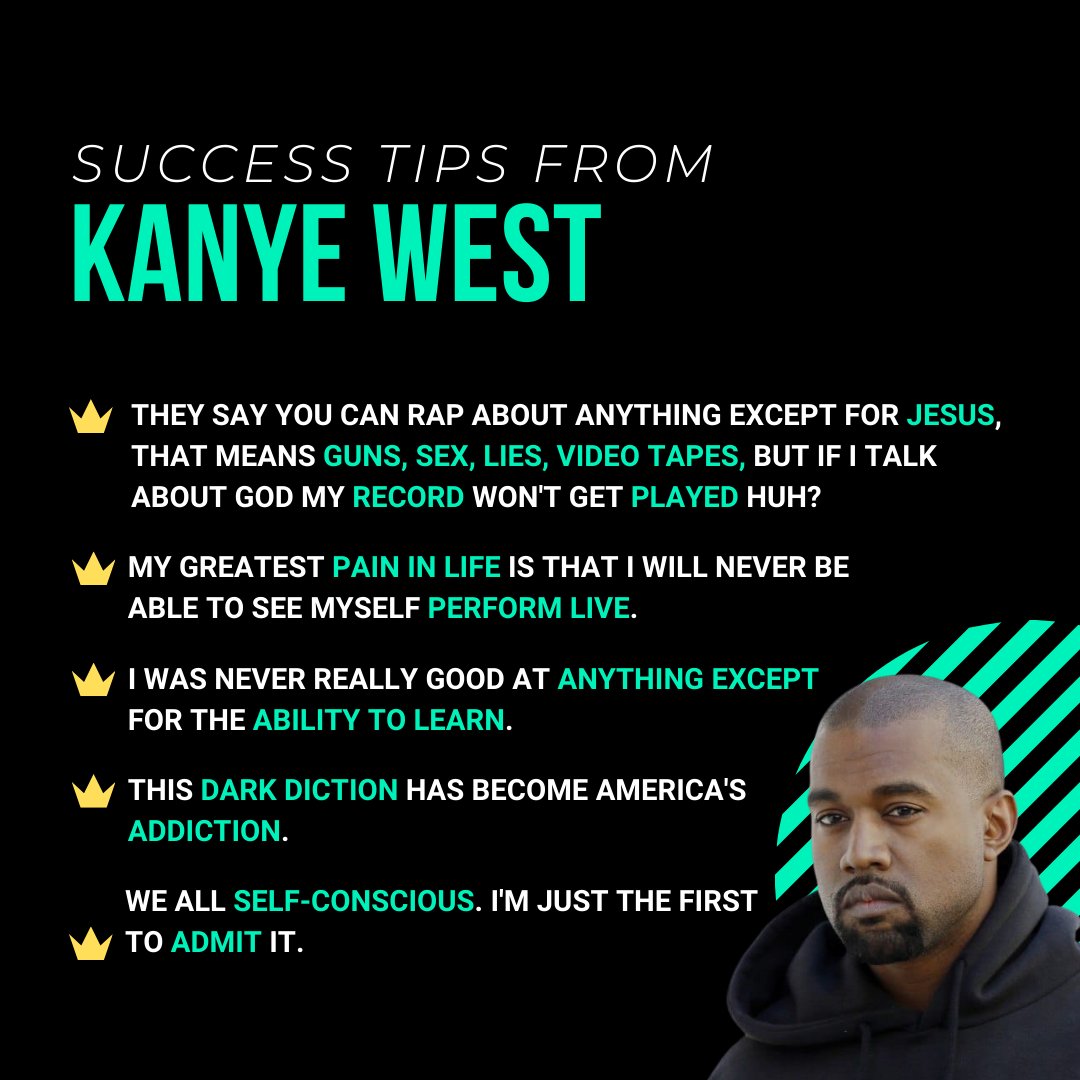 Tap into Your Creative Power! 🎵💡 Kanye West's success tips remind us to fearlessly challenge boundaries, break norms, and embrace our unique vision. 

#CreativeGenius #KanyeWest #ClickSource #UKBusiness #Inspiration #UnleashYourPotential #ElevateYourBrand