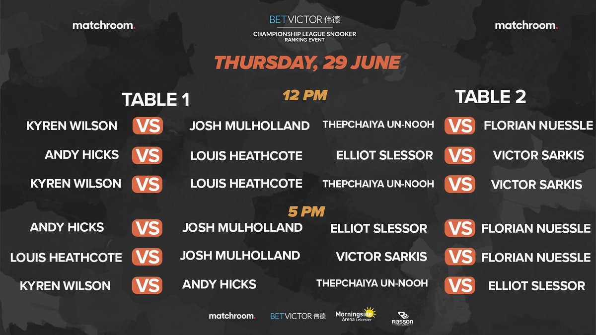 CLSnooker's tweet photo. Former winner @KyrenWilson kicks off his season on Table 1 today live on @ViaplaySportsUK 👊

Table 2 is live on https://t.co/Z38GE5f6Il and YouTube with Thepchaiya Un-Nooh in action 

@BetVictor #ChampionshipLeagueSnooker https://t.co/i4Z2ik4Ino