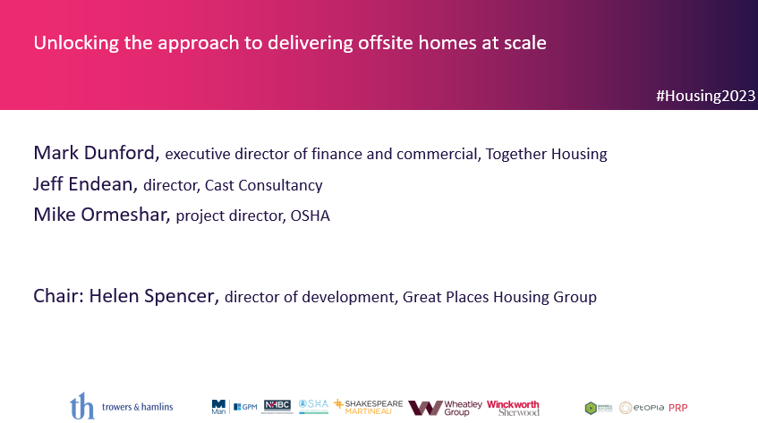 Want to hear about unlocking the approach to delivering offsite homes at scale? Head to the Future of Living theatre at 11:15. Hear from Helen Spencer @MyGreatPlace, Jeff Endean @Castconsultancy,Mark Dunford @TogetherHousing and Mike Ormesher @OffsiteAlliance #Housing2023