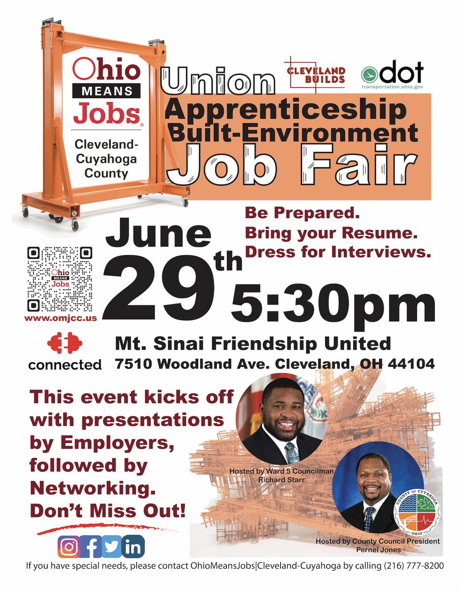 📣 Attention job seekers in #Cleveland! Don't miss out on an opportunity to jumpstart your career with a Union Apprenticeship Job Fair! 🛠️

🗓️TODAY! June 29th at 5:30pm, the event is at Mt. Sinai Friendship United at 7510 Woodland Ave, Cleveland, OH 44104. 🌆
#cleveland