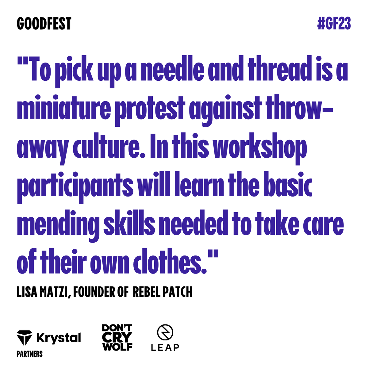 GoodFestivalUK's tweet photo. We're thrilled to be changing the way we engage with our clothes at this year's #Goodfest with Lisa Matzi founder of #RebelPatch who creates limited edition patches in collaboration with artists to make repair and upcycling more accessible and fun.
Don't miss out 🔗in bio! 🧶 https://t.co/wVlYp9uAI3