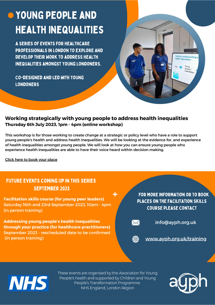 HCP or partner supporting Young Peoples health? Working at strategic/policy level on health inequalities? Want to ensure YP voices amplified and heard? Free online training led by YP on YP health inequalities from @AYPHcharity @NHSEngland Join and share: eventbrite.co.uk/e/working-stra…