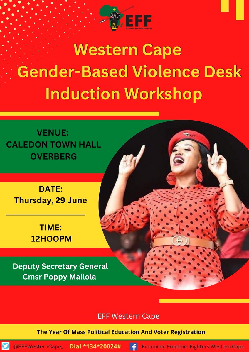 EFFWesternCape_'s tweet photo. It is all systems go in Caledon Town Hall where the Deputy Secretary General (DSG), Cmsr Poppy Mailola will be conducting the Western Cape Gender-Based Violence Desk Induction Workshop today.  

#EFFTurns10 
DIAL *134*20024# https://t.co/ehyPEhNrBZ