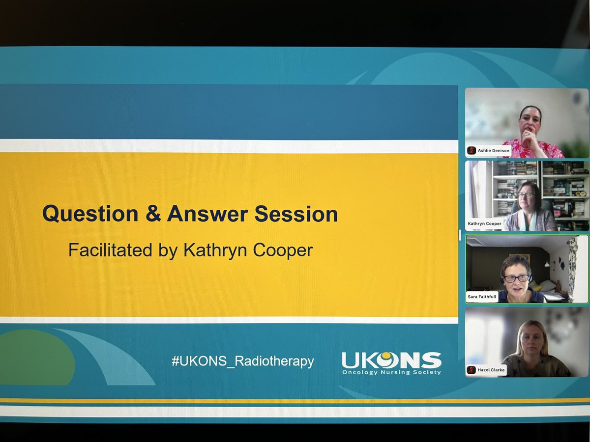 Thanks to all our morning speakers, great to have you with us, thanks for answering our questions <a href="/AshlieDenison/">Ashlie Denison</a> <a href="/FaithfullProf/">Sara Faithfull</a> Hazel Clarke #UKONS_Radiotherapy <a href="/UKONSmember/">UKONS</a>