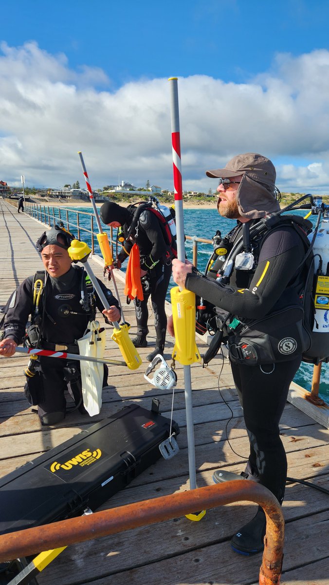 j_mccarthy's tweet photo. testing today of our recently acquired @UWISOy  underwater tracking system "GPS for divers" at Noarlunga Jetty in Adelaide, should be a game changer for maritime archaeology survey. Able assistance from 
@Scuba_Hiro and students Ash &amp; Gerry @FlindersMAP @wvduivenvoorde @jon_benj https://t.co/2qcPwKZLWo