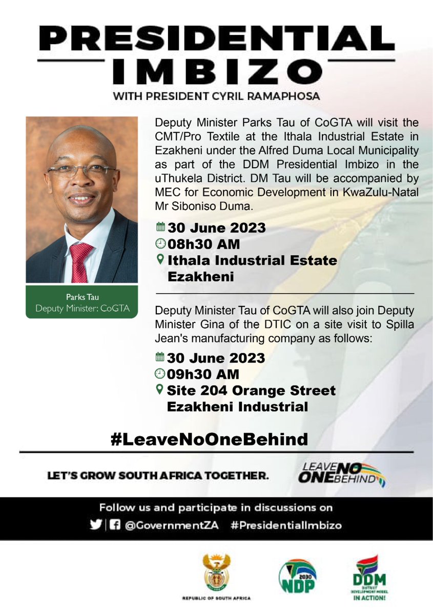 Tomorrow morning i will visit two Manufacting companies as part of the build-up to the #DDM #PresidentialImbizo, and will be accompanied by MEC S Duma Economic Development KZN & DM N Gina from @the_dtic #LeaveNoOneBehind 🇿🇦