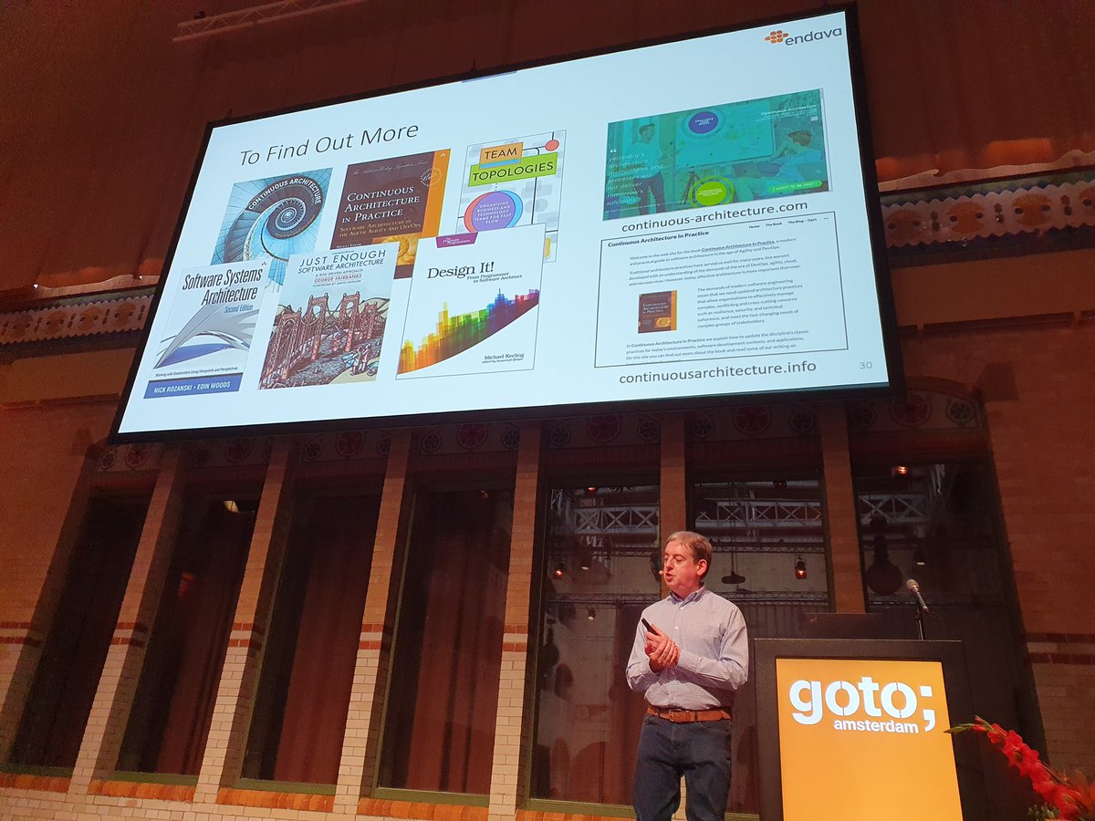 Daniel Bryant (@danielbryantuk) on Twitter photo "With the adoption of continuous architecture, we need to move from the architect as the font of knowledge to the architect as a trusted leader and advisor" <a href="/eoinwoodz/">Eoin Woods</a> at #GOTOams
Lots of great book recommendations, too! "With the adoption of continuous architecture, we need to move from the architect as the font of knowledge to the architect as a trusted leader and advisor" <a href="/eoinwoodz/">Eoin Woods</a> at #GOTOams
Lots of great book recommendations, too!