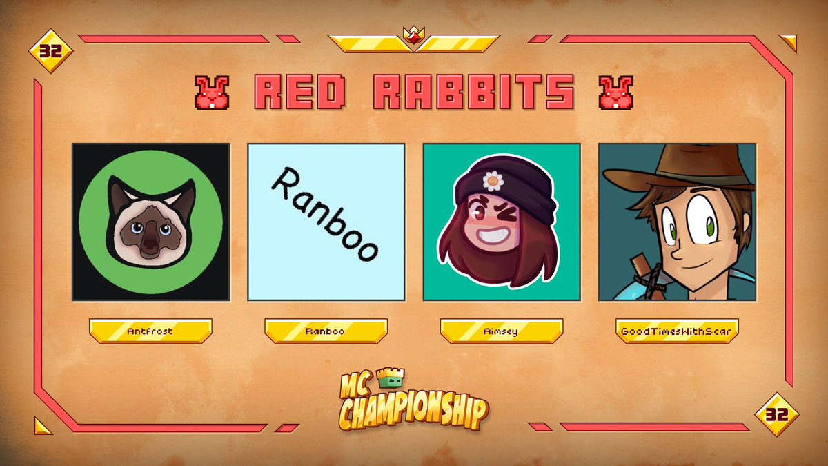 👑 Announcing team Red Rabbits 👑

<a href="/Antfrost/">Antfrost</a> <a href="/Ranboosaysstuff/">Ranboo</a> <a href="/aimseytv/">aimsey 🌼</a> <a href="/GTWScar/">GoodTimesWithScar</a>

Watch them in MCC on Saturday 15th July at 8pm BST!