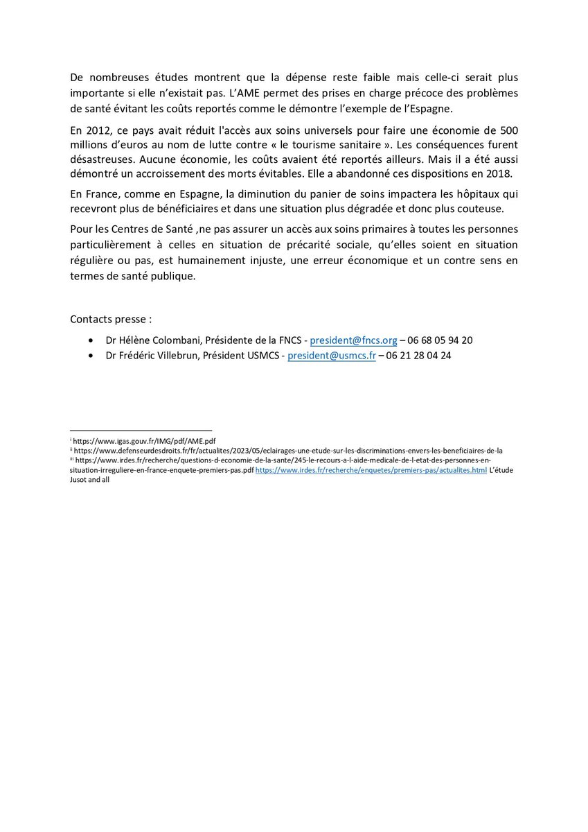 #AME Dans un communiqué, la Fédération Nationale des Centres de Santé rappelle que l'Aide Médicale d’État n'est pas un instrument de politique migratoire. Les dernières tentatives visant à en restreindre la portée sont un non-sens en termes économique et de santé publique 👇