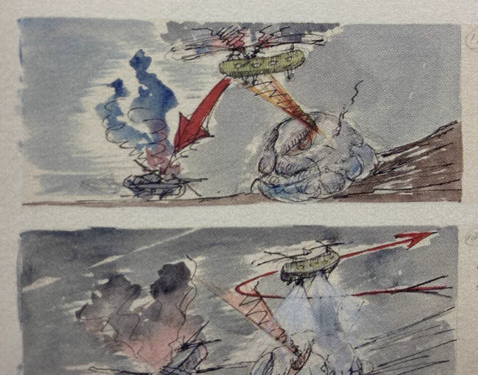 井上泰幸の絵コンテに描かれたダンゴみたいな丸っこい体型に足がたくさん生えたヘドラかわいいねえ。最初は「ゴジラの飛び方、こんなふうに旋回しながら、だったのか。