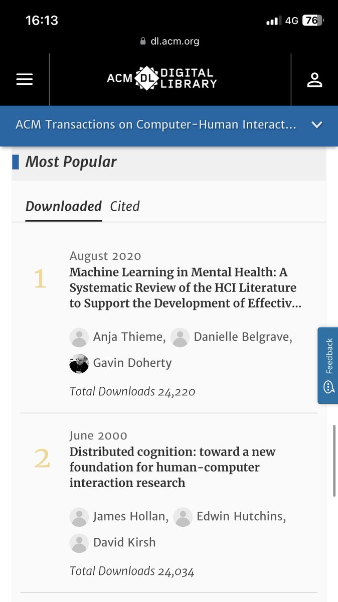 Anja Thieme (@anja_thieme) on Twitter photo Delighted that our paper has become the most popular/ downloaded ToCHI paper to date. The agenda we proposed for human-centered AI (in mental health) still remains pertinent. With <a href="/DaniCMBelg/">Danielle Belgrave</a> and <a href="/gavinHCI/">Gavin Doherty</a>
dl.acm.org/journal/tochi <a href="/acmtochi/">ACM TOCHI</a> Delighted that our paper has become the most popular/ downloaded ToCHI paper to date. The agenda we proposed for human-centered AI (in mental health) still remains pertinent. With <a href="/DaniCMBelg/">Danielle Belgrave</a> and <a href="/gavinHCI/">Gavin Doherty</a>
dl.acm.org/journal/tochi <a href="/acmtochi/">ACM TOCHI</a>