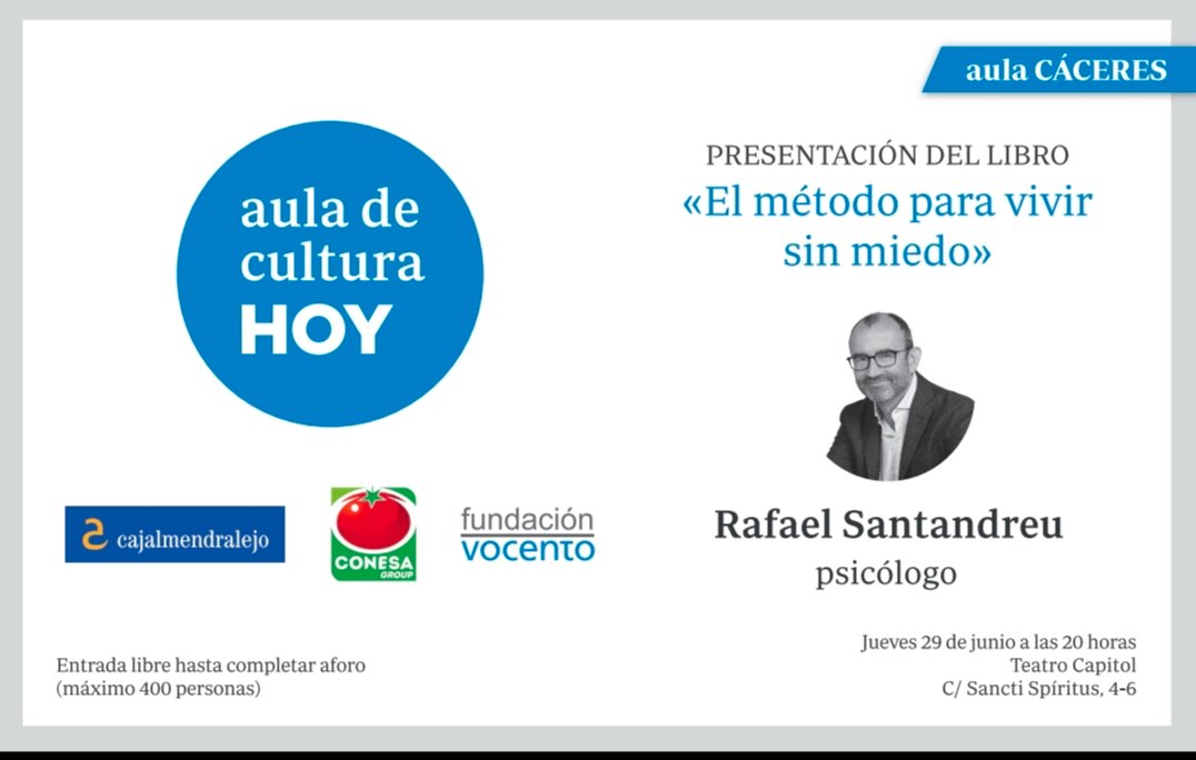 Jueves 29
#RafaelSantandreu
#Elmetodoparavivirsinmiedo 
#TeatroCapitol
#todolibros 
#todolibroscc 
#libroscaceres 
#todolibroscaceres 
🛒todolibros.es