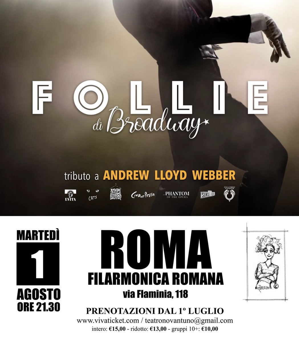 FOLLIE DI BROADWAY con <a href="/lucagiacomelli/">Luca Giacomelli Ferrarini</a>, <a href="/crisdavideruiz/">Cristian Davide Ruiz</a>, #GiuliaFabbri e #FrancescaLonghin. Un concerto tributo a Andrew Lloyd Webber martedì 1° agosto, ore 21.30 presso i Giardini della Filarmonica Romana. 

PREVENDITE SU <a href="/Vivaticket/">Vivaticket</a> o scrivendo a teatronovantuno@gmail.com