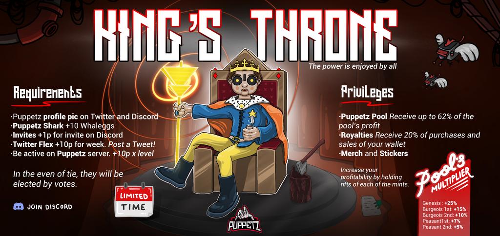 👑**The King's Throne**👑 up To 62% of the Puppetz Pool rewards rising to The Throne❗ 🚨you want to join the whitelist to be the first The King's Throne❓ 👇
