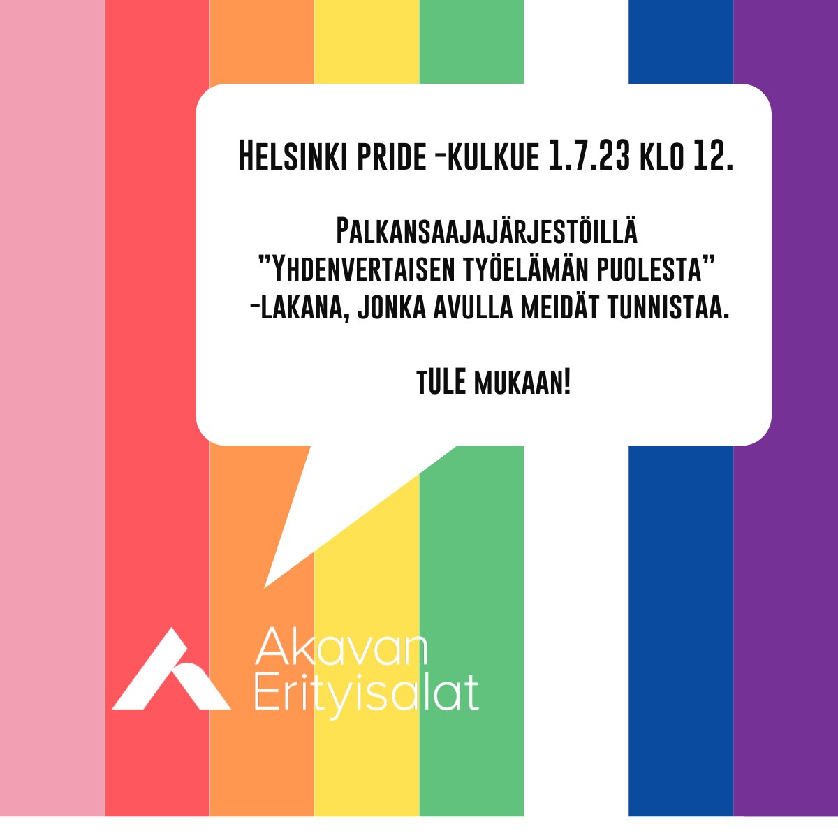 👋Helsinki #Pride2023 -kuukausi huipentuu perinteiseen kulkueeseen lauantaina 1.7. klo 12!

Löydät meidän <a href="/aivanerityinen/">Akavan Erityisalat</a> porukat palkansaajien Yhdenvertaisen työelämän puolesta -lakanan takaa. Liity mukaan👍
 
Ohjeet sujuvaan ja turvalliseen marssimiseen:
pride.fi/helsinki-pride…