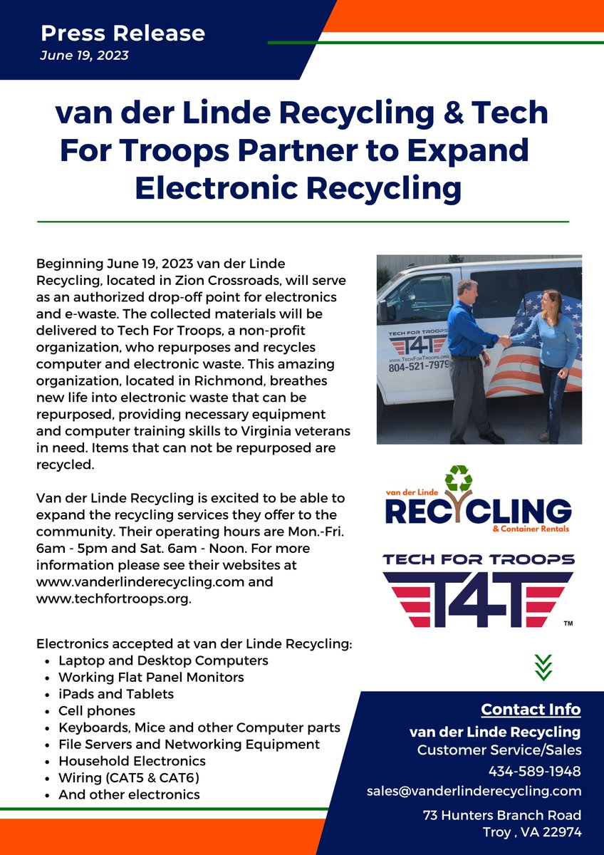 Good news! Starting NOW, we will serve as an authorized drop-off point for electronics and e-waste. Read to learn more!
You no longer have to hold onto old electronics or hope if you throw them away that your data will be safe.
Just bring them to us!  <a href="/TechForTroopsVA/">Tech For Troops</a>