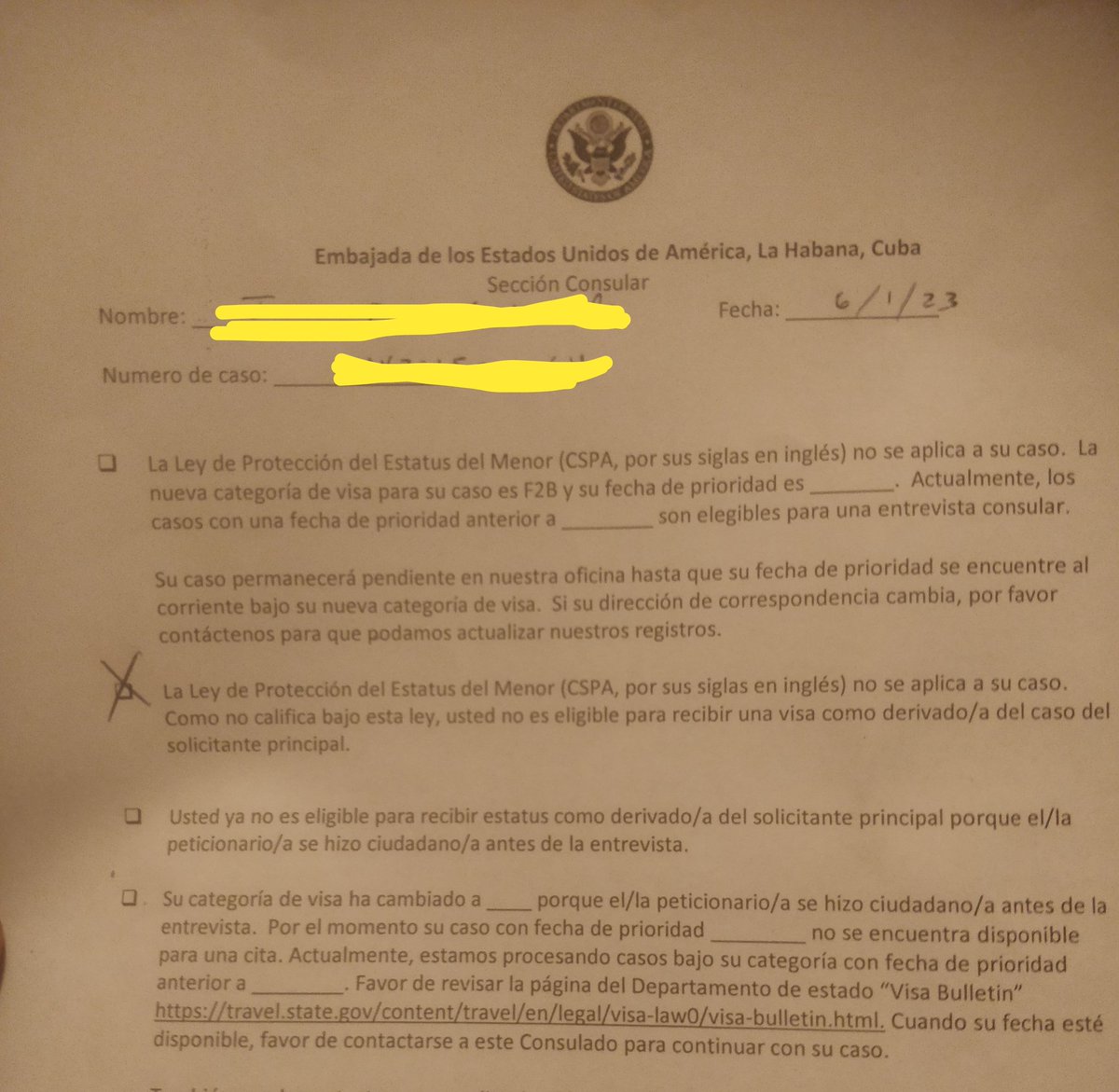 <a href="/USEmbCuba/">Embajada de los Estados Unidos en Cuba</a> <a href="/StateDept/">Department of State</a> Category F1 PD: December 8, 2014 DQ: December 2020 Visa Bulletin halted between September 2021 and April 2023 in the Availability of Visas. The minor turned 21 in February &amp; was not granted a visa by the CSPA. Everything is very unfair, there was no protection x delay!
