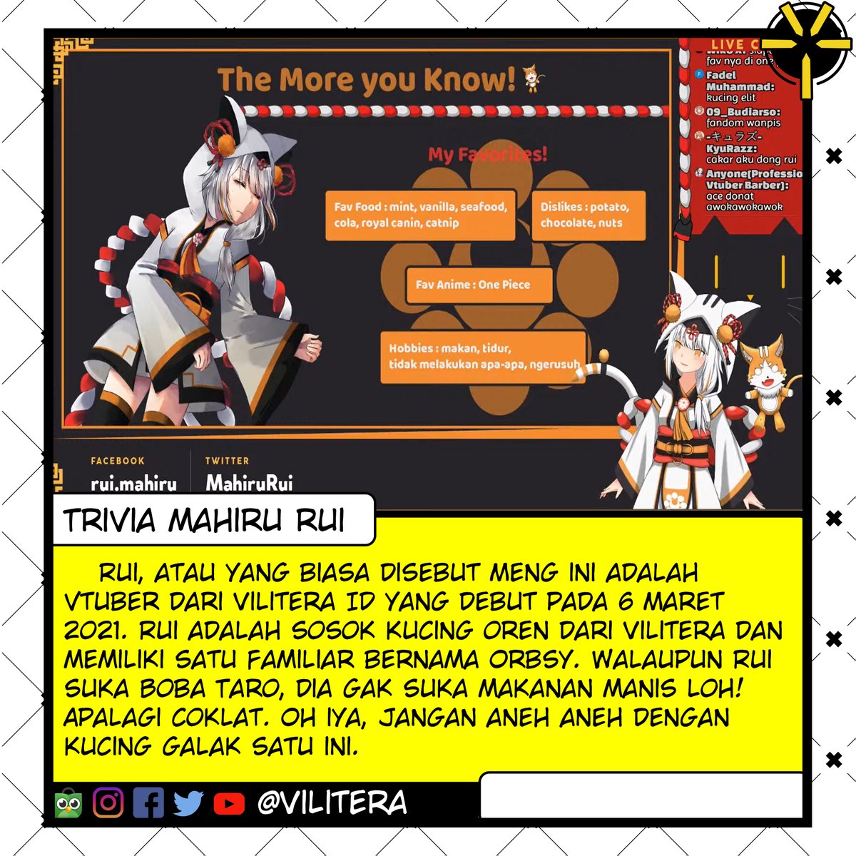 vilitera's tweet photo. Trivia Mahiru Rui
Rui, atau yang biasa disebut Meng ini adalah vtuber dari Vilitera ID yang debut pada 6 Maret 2021. Rui adalah sosok kucing oren dari Vilitera dan memiliki satu familiar bernama Orbsy.
#mahirurui #Vilitera #vtuberindonesia #vtuber #triviaVtuber https://t.co/yLe7mjRTqN