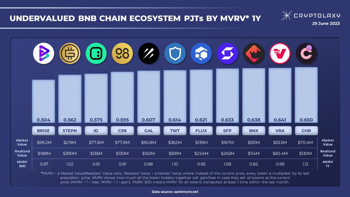 Top-11 #undervalued BNB Chain Ecosystem PJTs by MVRV* 1Y

Presenting the most undervalued #BNB Chain Ecosystem PJTs by #MVRV 1Y ratio. The lower MVRV, the more the PJT is potentially undervalued.

$BRISE $GMT $ID #C98 $GAL $TWT $FLUX $SFP $BNX $VRA $CHR