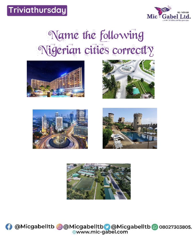 micgabelltd's tweet photo. It's Trivia Thursday!!
How well do you know your cities???🤔
Name the following Nigerian cities corretly and win a prize.🏅

Looking out for the 1st 5 winners🏆

#triviathursday #nigeriancities #micgabel https://t.co/m8NCos2DCM