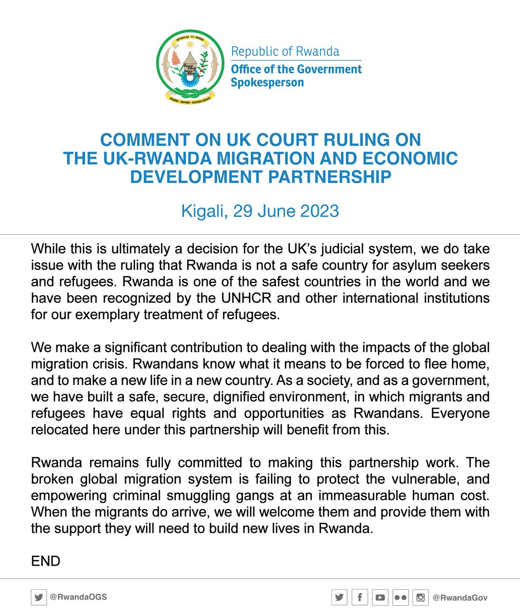RwandaOGS's tweet photo. COMMENT ON UK COURT RULING ON THE UK-RWANDA MIGRATION AND ECONOMIC DEVELOPMENT PARTNERSHIP. https://t.co/zIoZFUaVVK