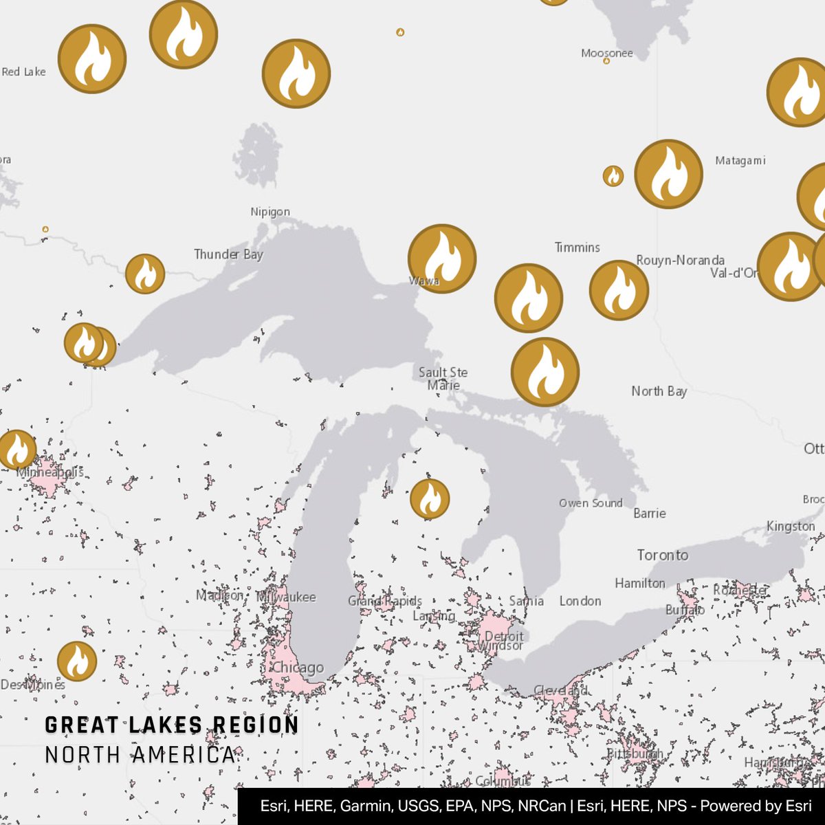 1/ #CanadaFires 🇨🇦

We are closely monitoring over a dozen uncontained wildfires in the Great Lakes Region. Right now all are burning at significant distances from structures. 

We will provide more information, should the situation change in the next 24 hours.
