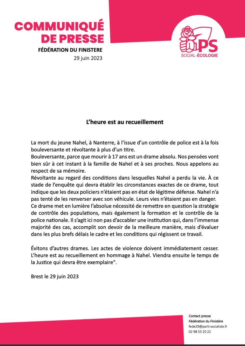 📰 L’heure est au recueillement 

"Évitons d’autres drames. Les actes de violence doivent immédiatement cesser. L’heure est au recueillement en hommage à Nahel. Viendra ensuite le temps de la Justice qui devra être exemplaire".

Lire le communiqué  👇

ps29.org/communiques/lh…